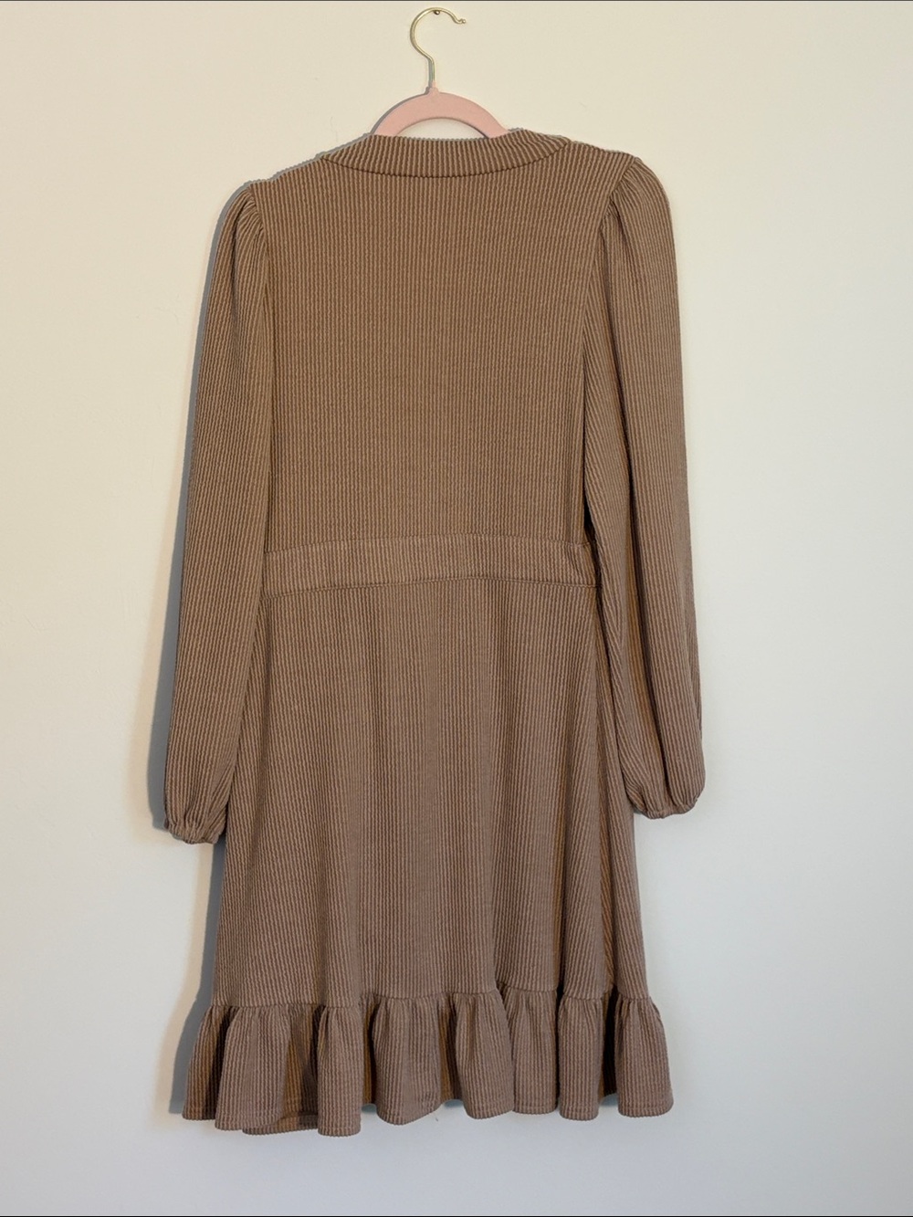 Simply Southern Taupe Ribbed Tie-Front Ruffle Dress - Picture 4 of 5